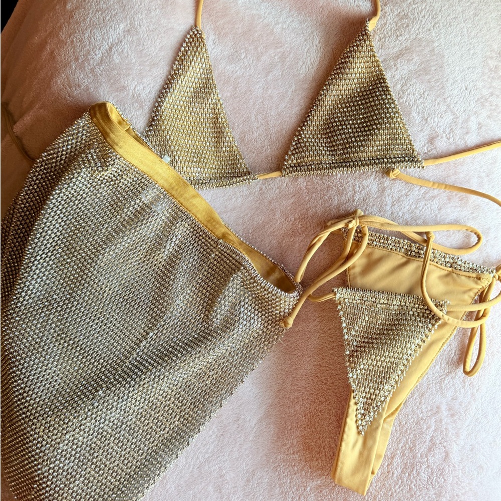 Oh Polly Glittering Gold Bikini AND SKIRT SET OF THREE WORN ONCE!